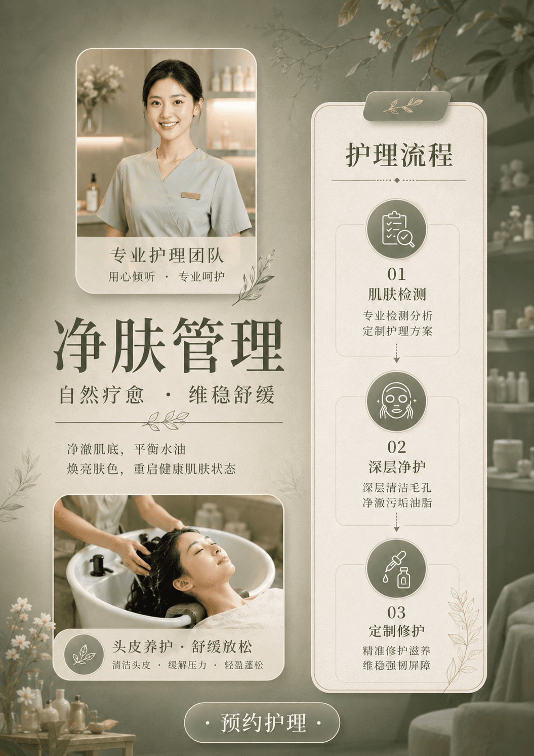 鼠尾草绿 · 净肤护理指南模板预览